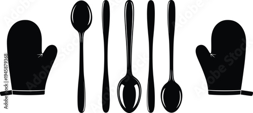 WebKitchen utensils silhouette, oven mitts, spoons arrangement, symmetrical design, cooking tools, black and white vector, culinary art, household items, kitchenware illustration, balanced composition