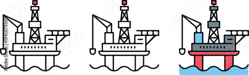 Minimalist illustration of three oil rigs in line art and color, showing offshore drilling platforms with cranes and deck structures