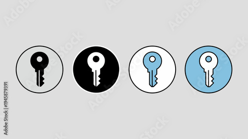 A series of four circular icons displays a simple key design each with a different color scheme and background high quality professional detailed modern elegant stylish