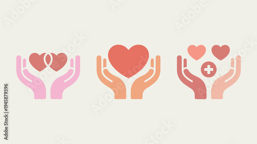 Three sets of hands are cupped offering hearts in varying shades of pink and red symbolizing love care and support high quality professional detailed modern elegant