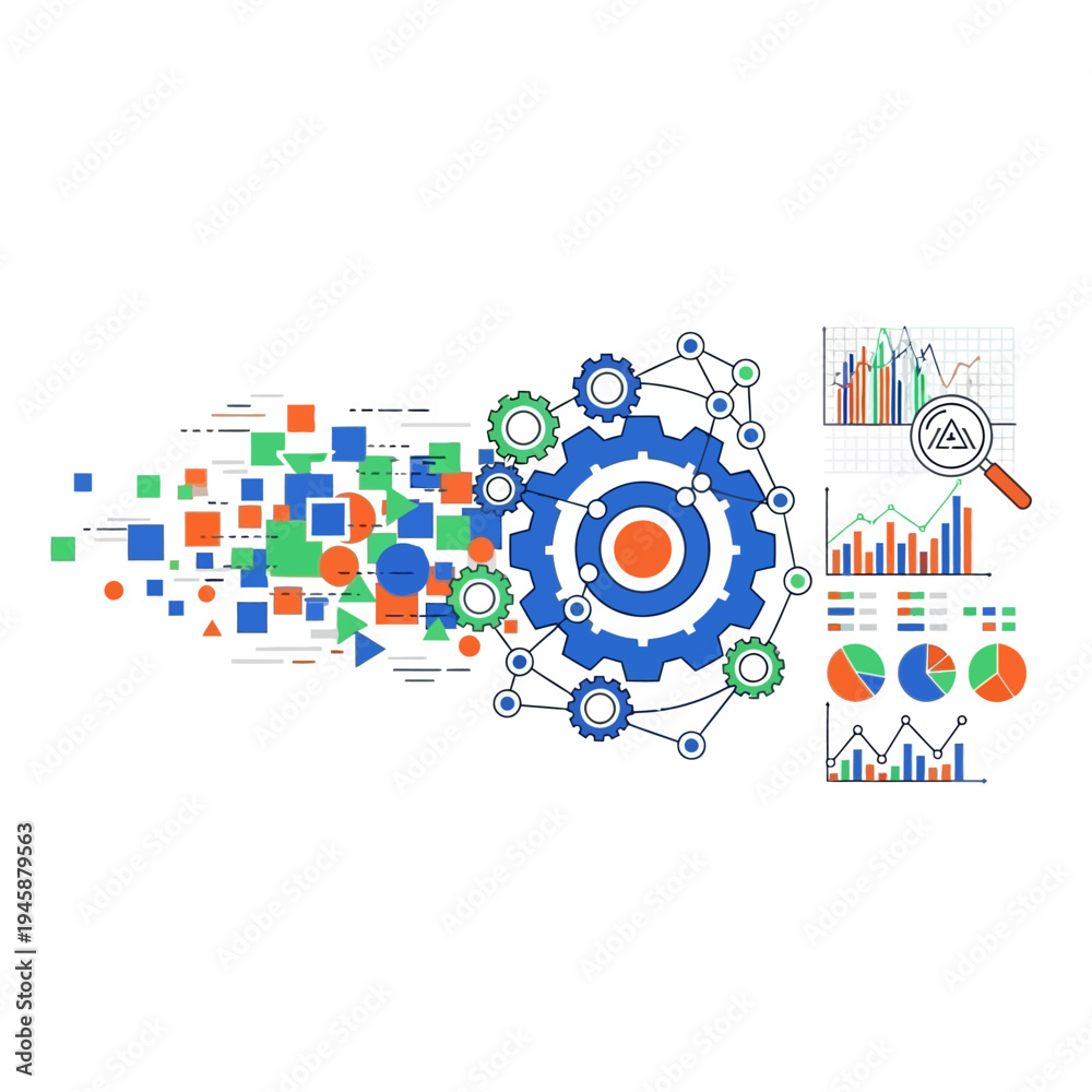 Obraz premium Data Analytics Machine Learning Concept: Gear, Charts, Network, Transformation