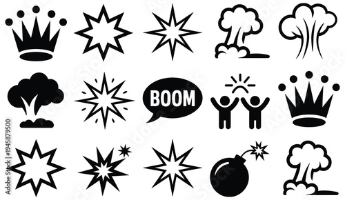 Icons depicting explosions, crowns, and damage, high-quality professional vector illustrations, modern, elegant, stylish, and clean, suitable for games, apps, infographics, and digital design projects