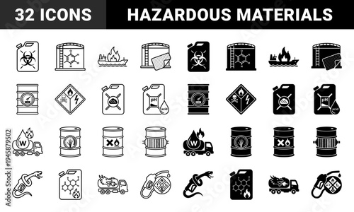 Hazardous Material Transport and Chemical Storage Icon Set Featuring Hybrid Symbols for Biohazard Toxic Waste Acidic Fuel and Industrial Safety