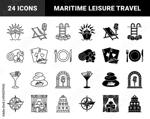 Luxury cruise ship and vacation lifestyle hybrid icons featuring maritime symbols merged with casino gambling entertainment and spa wellness elements
