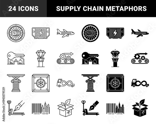 Hybrid logistics and supply chain conceptual symbols merging transport elements with industrial tools using thick outlines and solid black shapes