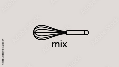 A simple black line drawing depicts a kitchen whisk positioned horizontally over a light beige background with the word mix high quality professional detailed modern elegant