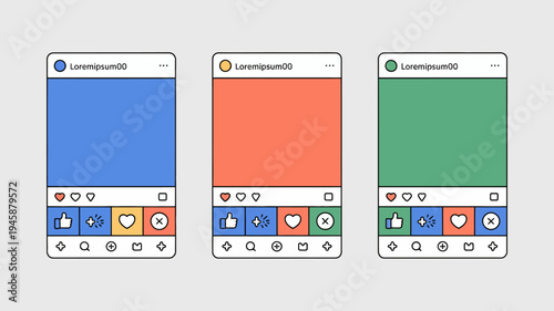 Three smartphone screens are displayed with different colored backgrounds blue orange and green and matching icon sets high quality professional detailed modern elegant stylish clean crisp