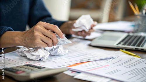 Close up hand crumpling unpaid invoice paper stress over bill financial problem overdue payment paperwork calculator laptop home office anxiety debt