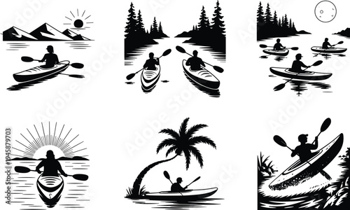 Black and white of people kayaking in various natural settings with mountains, trees, and palm trees