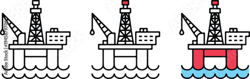 Minimalist illustration of three oil rigs in line art and color, showing offshore drilling platforms with cranes and deck structures