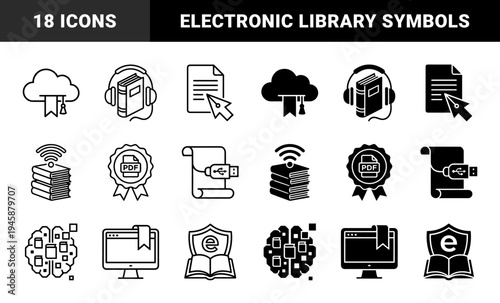 Hybrid digital education and electronic library symbols merging books with cloud storage headphones wifi signals and computer monitors