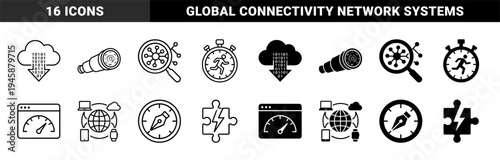 Linear and solid hybrid icons merging data cloud binary code with magnifying glass network nodes and speed gauge browser performance metrics
