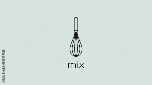 A simple line drawing depicts a kitchen whisk above the word mix on a pale green background high quality professional detailed modern elegant stylish clean crisp