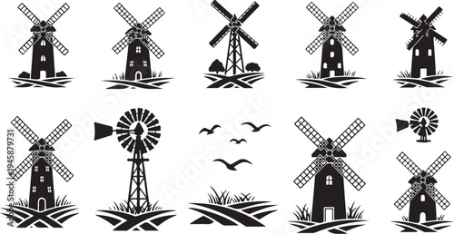 Black and white windmill icons in various styles depicted