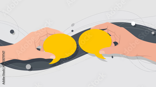 Two hands gently cradle and present two bright yellow speech bubbles against a dark swirling background symbolizing communication high quality professional detailed modern elegant stylish clean