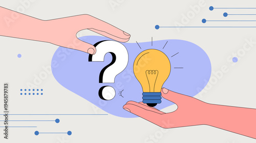 Two hands are shown exchanging a question mark and a glowing lightbulb symbolizing the process of finding solutions high quality professional detailed modern elegant stylish clean