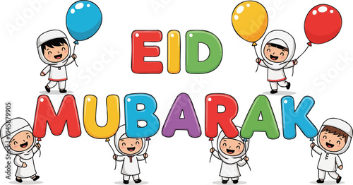 Children in traditional attire celebrating eid mubarak with colorful balloons