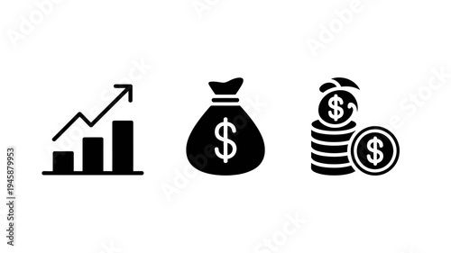 A simple black and white graphic depicts financial growth featuring a rising chart a money bag and stacked coins high quality professional detailed modern elegant stylish