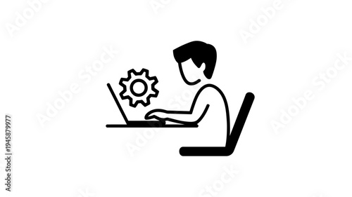 A simple black and white illustration depicts a person seated and actively using a laptop computer at a desk high quality professional detailed modern elegant stylish