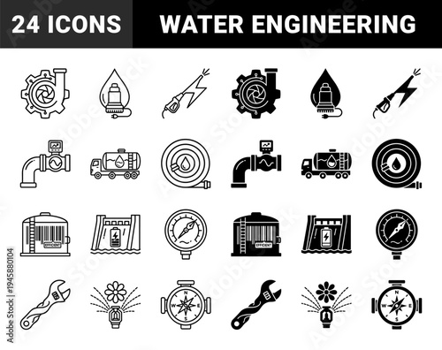 Industrial Water Management and Energy Engineering Icons Featuring Hybrid Pump Turbine Valve and Sustainable Infrastructure Concepts
