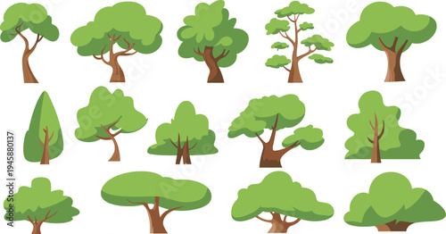 Collection of various green trees with brown trunks on a white background leaves