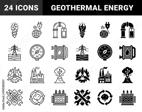 Geothermal energy and hydrothermal power generation icons featuring hybrid designs of volcanic heat steam turbines and renewable thermal infrastructure