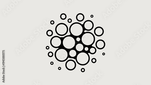 A collection of black circular shapes of varying sizes are arranged in a clustered organic formation against a light gray background high quality professional detailed modern