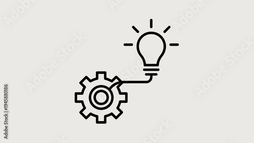 A simple black line drawing depicts an illuminated lightbulb connected to a gear symbolizing innovation and problem solving high quality professional detailed modern elegant stylish clean