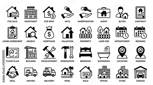Comprehensive collection of modern black and white line icons representing various aspects of real estate, property management, and housing services for digital projects and applications.