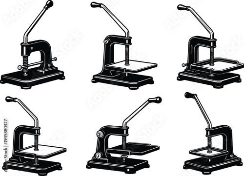 Mechanical book press vector illustration with multiple angles, stylized black and white design, manual craft tool artwork, traditional pressing device for stock content optimization