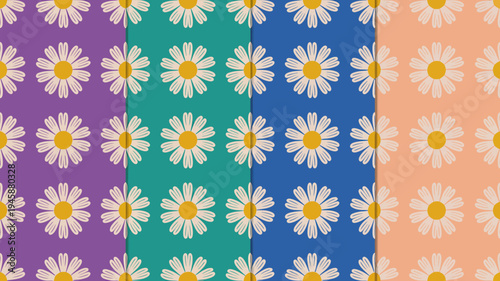 A vibrant pattern showcases repeating daisy flowers arranged in alternating squares of bright saturated pastel colors high quality professional detailed modern elegant stylish clean crisp colorful