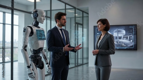 Business Professionals Consulting with Advanced Humanoid Robot in Office