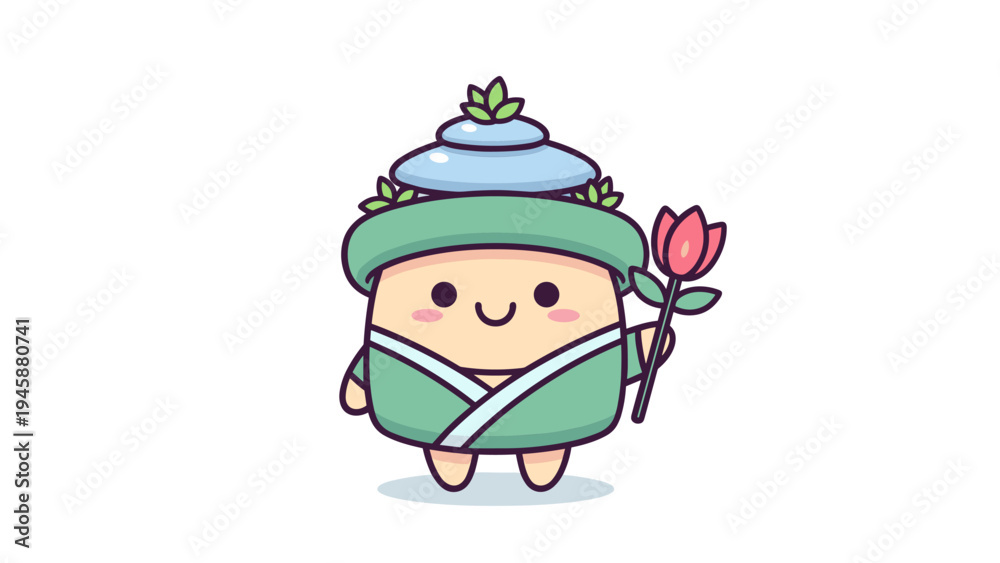 Fototapeta premium A cute cartoon character wearing a traditional green robe and a stack of blue bowls on its head Vector