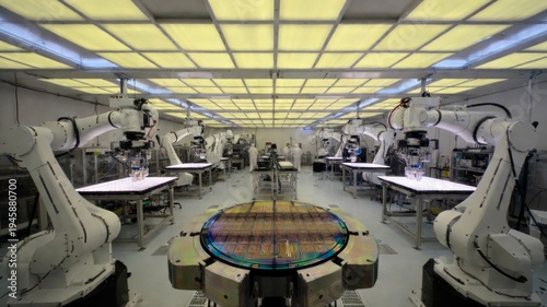 High-Tech Industrial Robotics Assembling Semiconductor Wafers in Clean Room