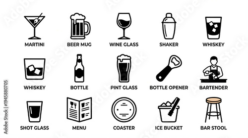 Comprehensive collection of bar related icons featuring various essential drinkware, tools, and accessories perfect for illustrating nightlife, beverage service, and cocktail menus.