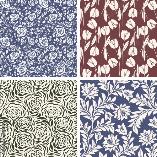 Vintage Floral Seamless Pattern Set with Victorian Roses Tulips and Damask Ornaments in Muted Tones