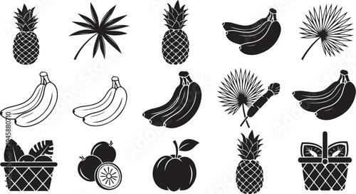 Black and white fruit icons in various styles arranged
