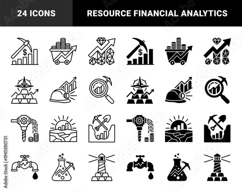 Mining and Financial Growth Hybrid Icons Featuring Pickaxe Progress Charts Diamond Analytics Mining Carts and Precious Metal Bar Data Visualization