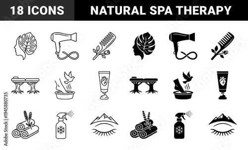 Wellness and beauty hybrid symbols merging nature and self care elements featuring leaf profile massage table tree and mountain eye icons