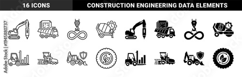 Heavy construction machinery hybrid icons merging industrial equipment with data symbols blueprints and sustainability elements in outline and solid styles