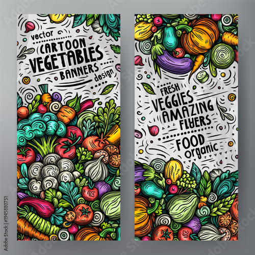 Cartoon vector doodle set of Fresh Vegetables banners templates. Corporate identity for the use on apps, branding, flyers, web design. Funny veggies colorful illustration.