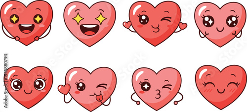 Cute cartoon heart characters collection vector set with different facial expressions for love, Valentine’s Day stickers, emojis and romantic design