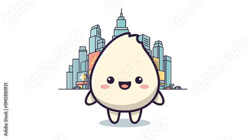 A cute cartoon dumpling character standing in front of a stylized modern city skyline backdrop Vector