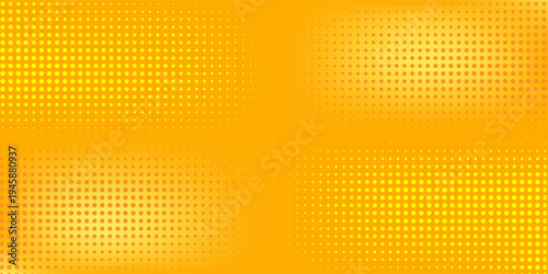 Yellow halftone pattern. Retro comic gradient background. Bright orange pixelated dotted texture overlay. Cartoon pop art faded gradient pattern. Vector backdrop for poster, banner, advertisement
