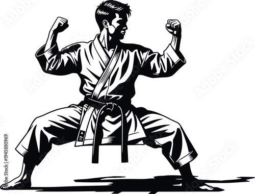 Martial Arts Karate Fighter Pose, Black Belt Master Training, Combat Sports Action Silhouette, CAD Drawing Flat Vector Illustration, Dojo Warrior