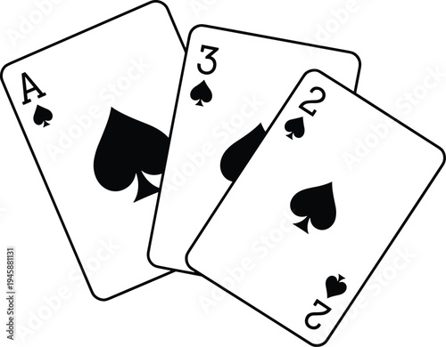 Spades Playing Cards Set, Ace Three and Two of Spades Fan, Gambling Game Outline, CAD Drawing Flat Vector Illustration, Casino