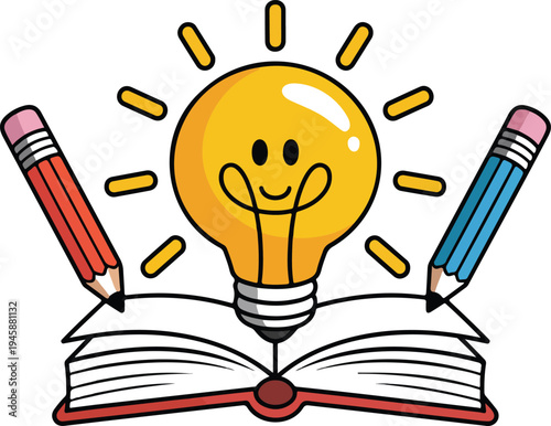 Cartoon illustration of an open book with a smiling yellow light bulb, flanked by red and blue pencils on white background