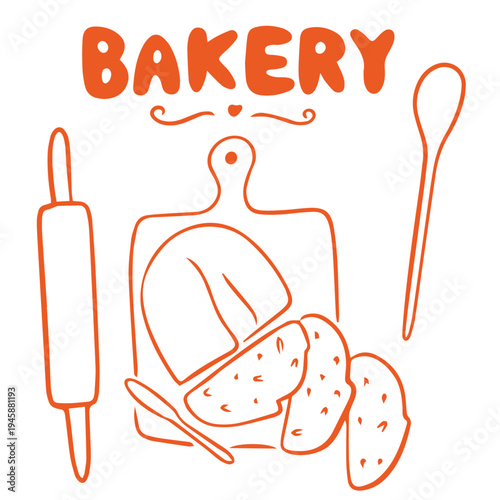 Bakery hand drawn doodle with bread slices rolling pin board and kitchen tools