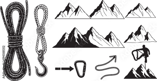 Mountain Climbing Equipment and Silhouette Mountains Illustration Set