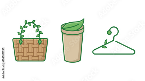 Eco friendly lifestyle icons set with organic basket reusable coffee cup and clothes hanger